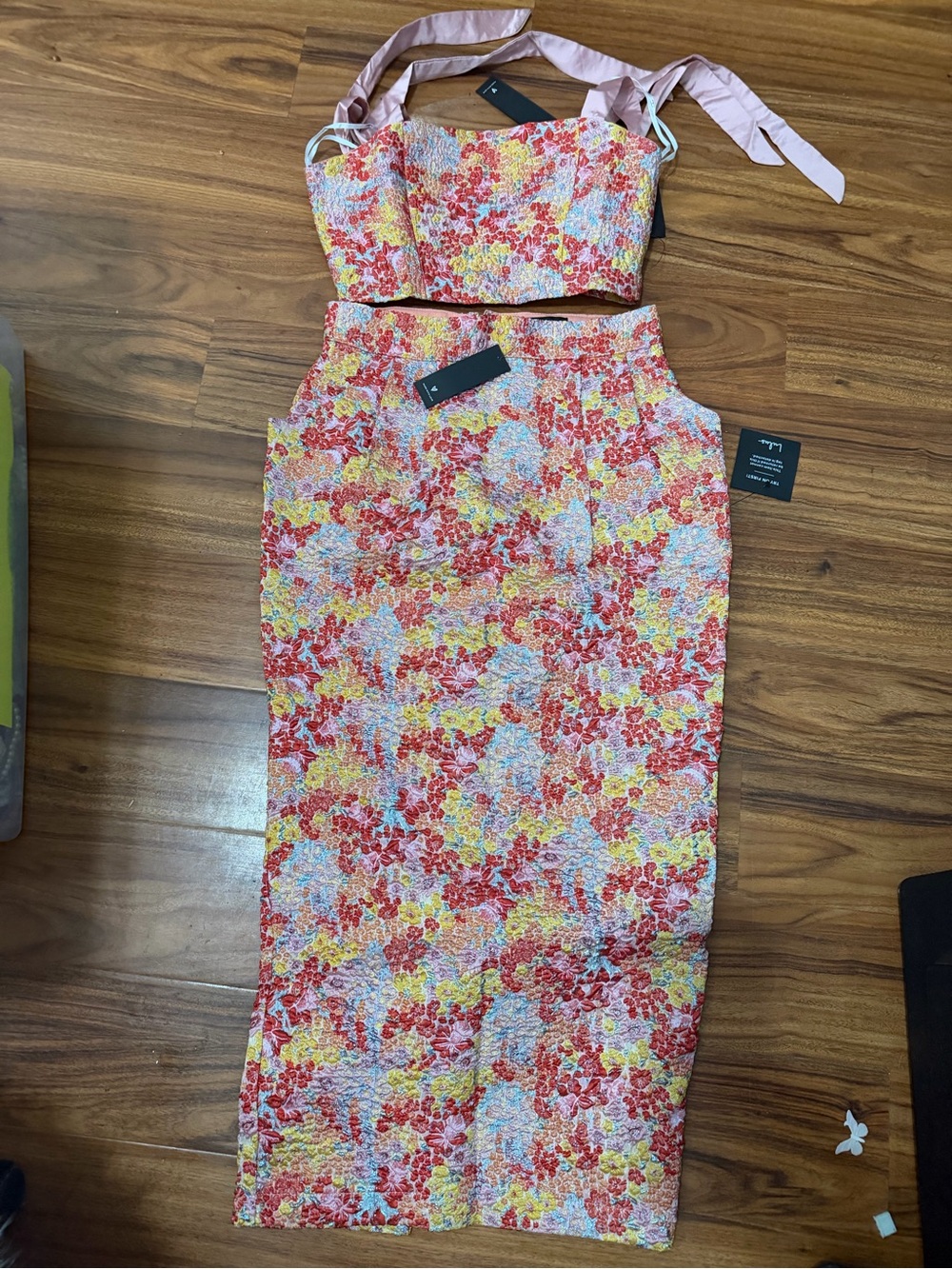 Lulu's Pink Red Yellow Floral Two-Piece Skirt Set